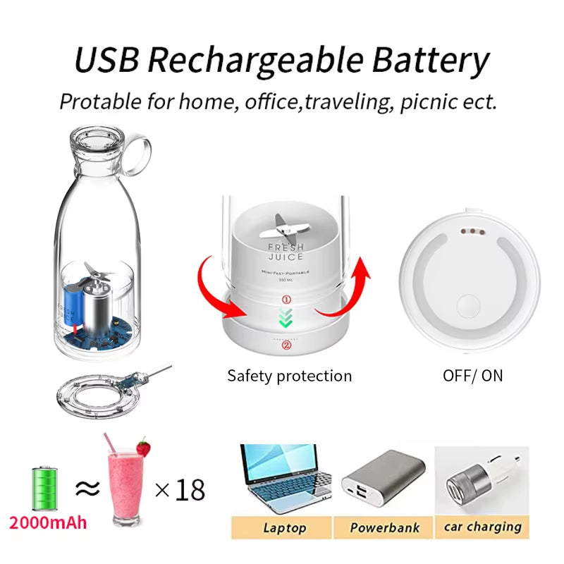 Portable Rechargeable Juicer Blender Wireless Mixer Fresh Juice 350Ml with Charger